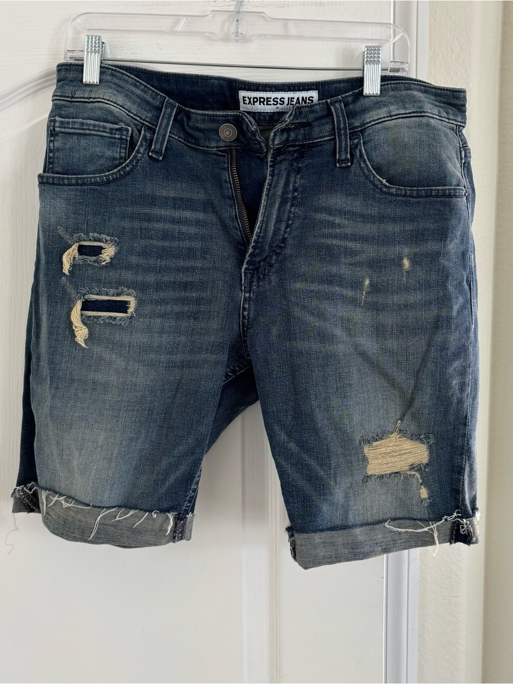 Express Men’s Dark Blue Distressed Jean Shorts. Size 32